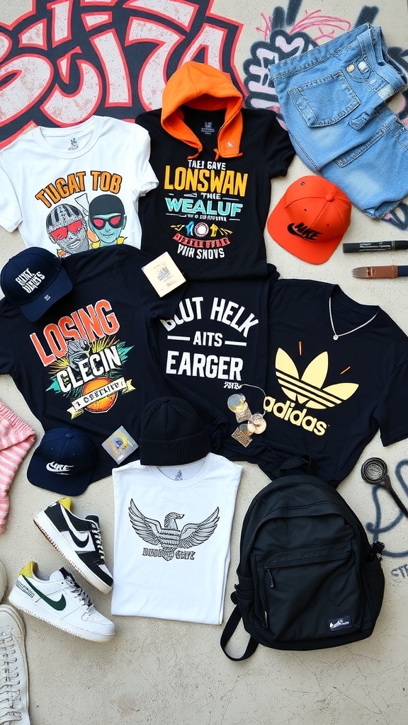 Flat lay of streetwear items including tees, sneakers, and accessories on an urban-themed background.
